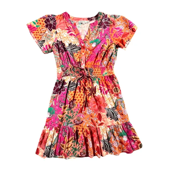 LOFT Floral Mini Dress Womens MP Pink Orange Patchwork Smocked V-Neck Tropical - Image 2