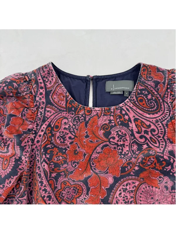 Anthropologie Dayna Paisley Corduroy Mini Dress Boho Cotton Pink Size Medium - Image 4