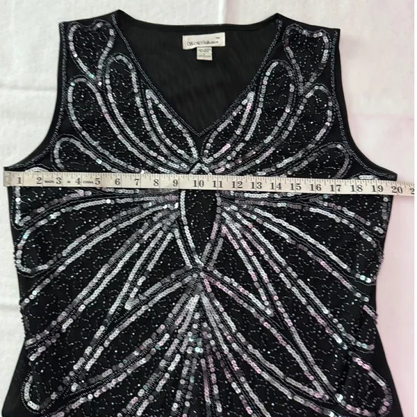SM Collection Black Beaded Sequin Butterfly Mesh‎ Top V-Neck Sleeveless Large - Image 7