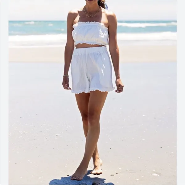 Free People Twyla Beach Shorts Top Bandeau Bra Set M Ivory White Free-EST - Image 10