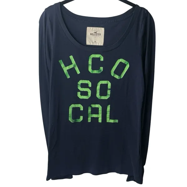 Y2K Hollister Co. Navy Long Sleeve Spellout Academia Preppy Coastal Comfort M - Image 2