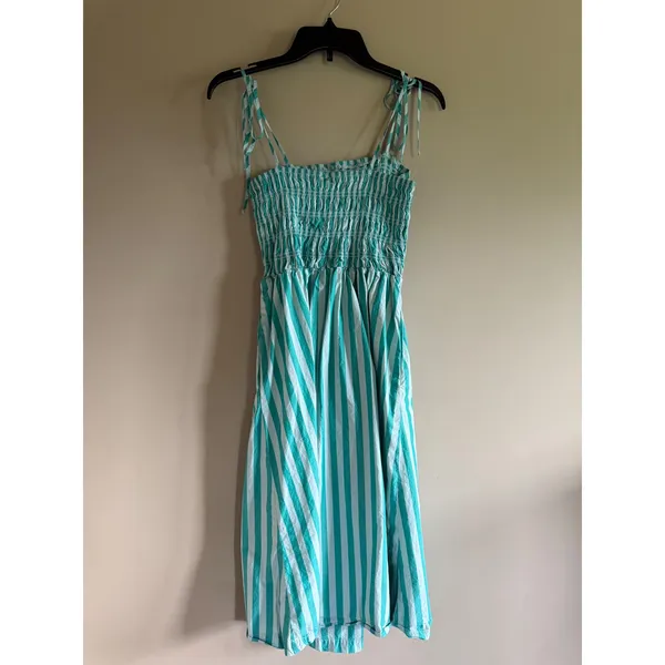 A New Day Teal White Striped Smocked Midi Dress Womens Medium Tie Shoulder Strap - Image 2