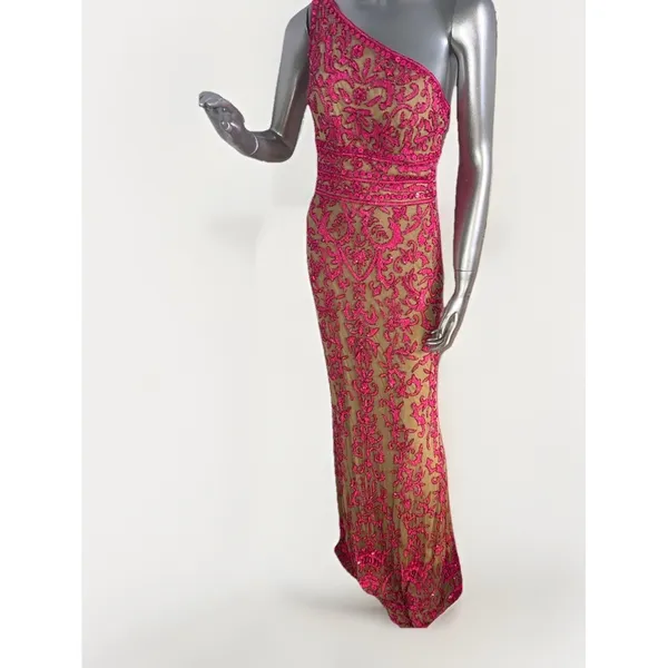 Sherri Hill 54250 One Shoulder Beaded Prom Gown Pink Nude Size 8 Dress - Image 6