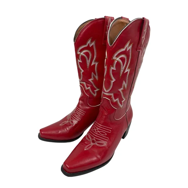 Womens Red Faux Leather Classic Embroidered Mid Calf Western Cowgirl Boots 6.5 - Image 3