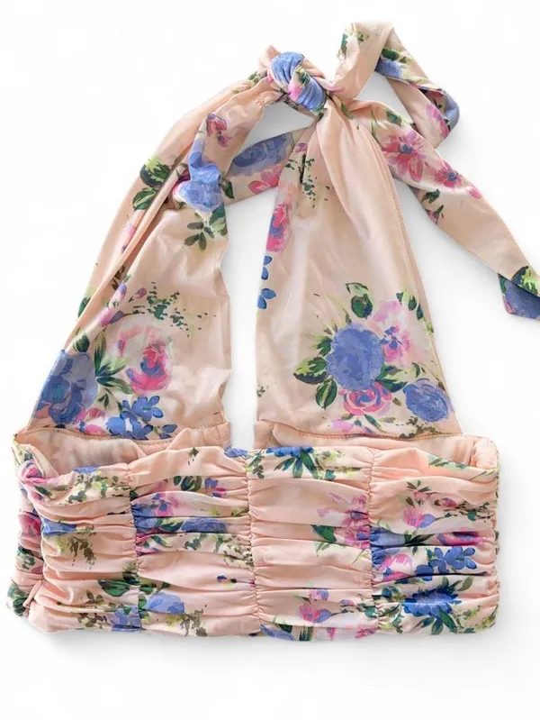 Zara Floral Halter Crop Top Pastel Peach Pink Ruched XS - Image 3
