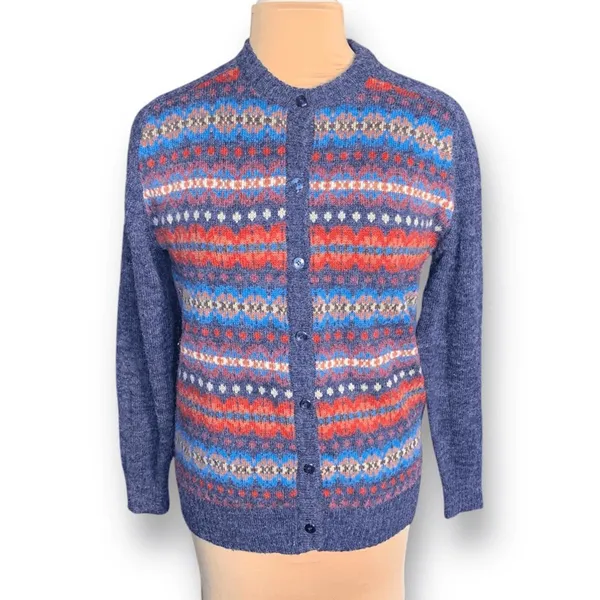 Vintage Fair‎ Isle Cardigan Sweater Navy Red Nordic Preppy Medium Heritage Knit - Image 3