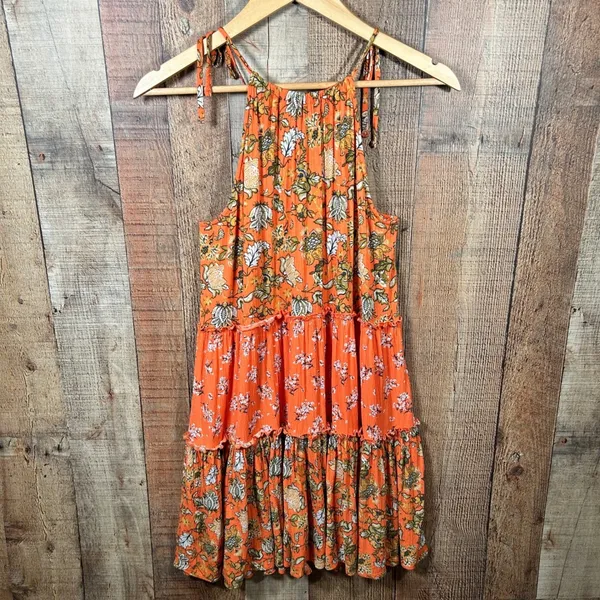 Chelsea & Violet Orange Mixed Floral Tie Shoulder Tiered Mini Dress Medium - Image 7