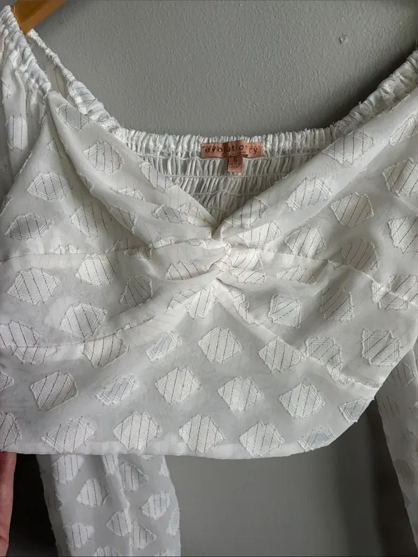 Evolutionary White Swiss Dot Twist Front Crop Top Balloon Sleeve Boho Size S - Image 4