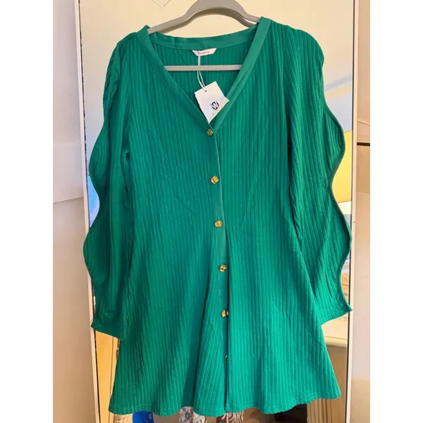 NEW Puff Long Sleeve Sweater Mini Dress Casual Button Down Ribbed L - Image 4