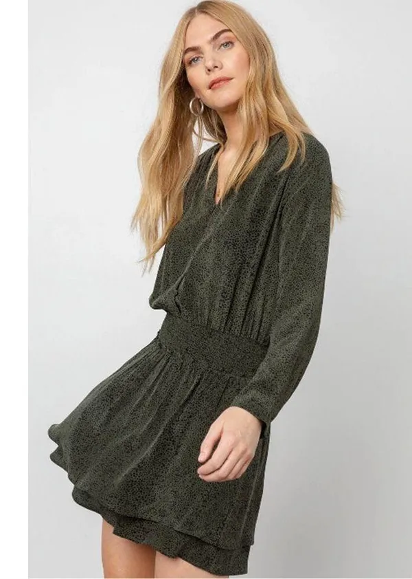 Rails Jasmine Olive Speckled V-neck Long Sleeve Smocked Waist Mini Dress Size L - Image 9