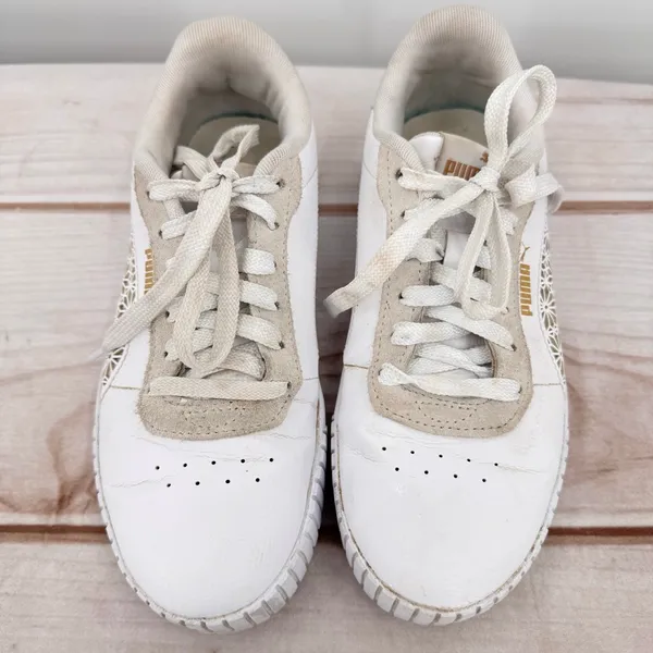 Puma Carina 2.0 Laser Cut Flowers Sneakers White Gold Logos Athletic Feminine 7 - Image 4