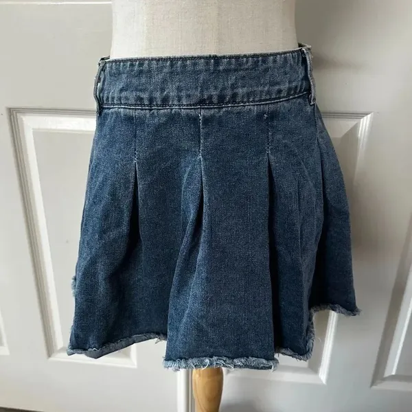 Cider Denim Pleated Mini Skirt • High Waist • Raw Hem - Image 3