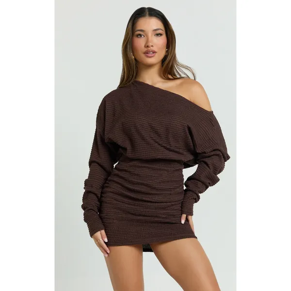 Showpo Alyce Mini Dress Size 4 Brown Ruched Off Shoulder Textured Knit - Image 3