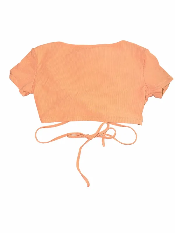 White Fox Boutique “My Mind’s Set” Ribbed Tie-Front Crop Top – Peach / Apricot - Image 4