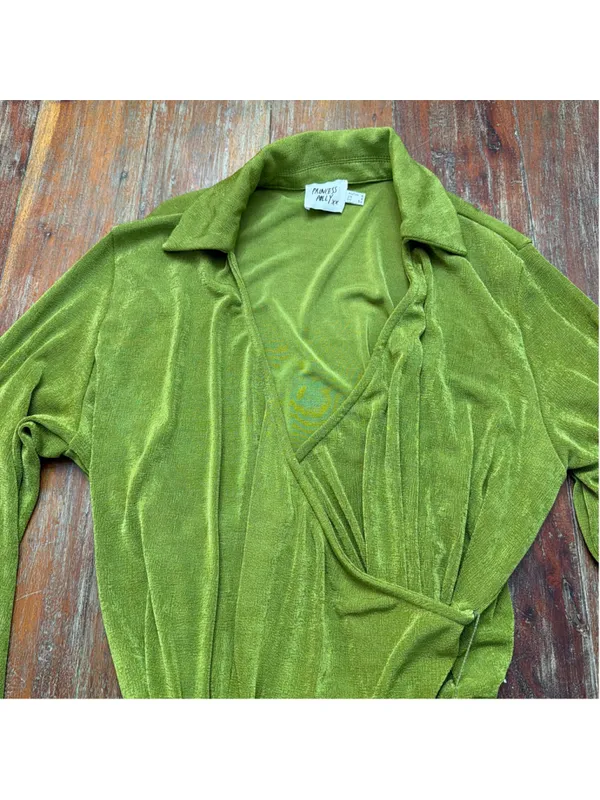 ⁠Princess Polly Olive Chartreuse Slinky Wrap Shirt Dress Collar Long Sleeve US 2 - Image 2