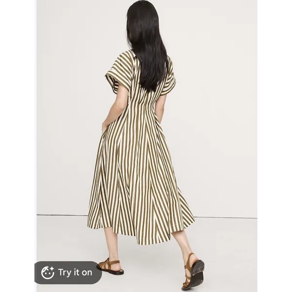 Banana Republic $180 Striped Poplin Shirt Dress V-Neck Pockets Olive/White 4 - Image 2
