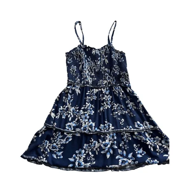 Band Of Gypsies Tiered Ruffle Mini Dress Blue Floral Large - Image 2