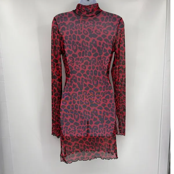 Y2K Red Leopard Mesh Dress Sz M Indie Sleaze Grunge Clubwear Shein Mock Neck - Image 6