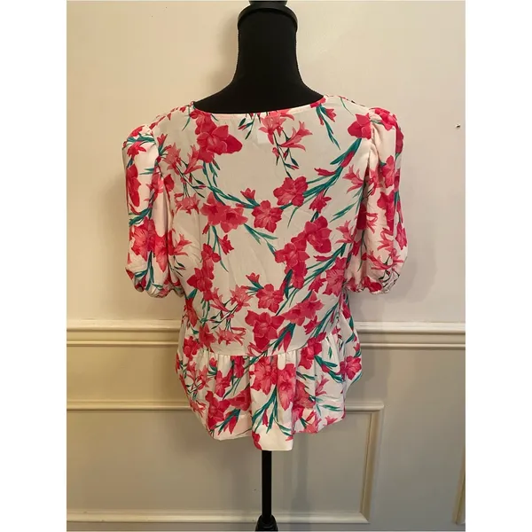 CeCe White Blouse with Pink Floral Tie-Neck Pearl Accent Peasant Top Coquette - Image 2