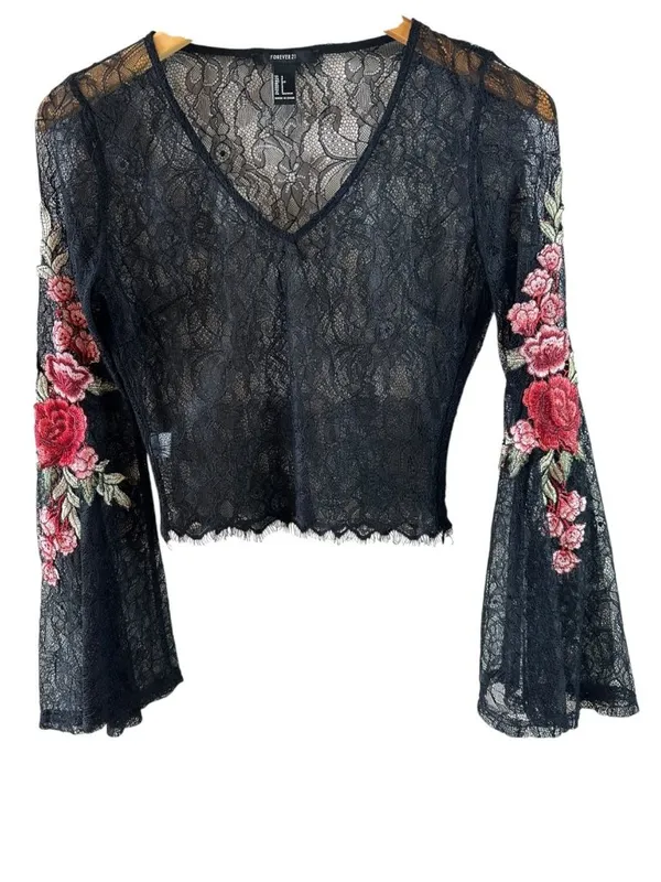 Forever 21 Black Lace Rose Embroidered Bell Sleeve Crop Top S Dark Fairy Goth - Image 2