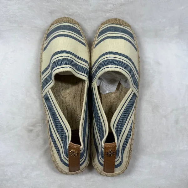 Tory Burch Striped Canvas Espadrille Flats Cream Blue Brown Slip On Shoes 9 - Image 5
