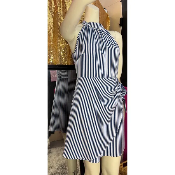 Blue and White Striped Halter Wrap Mini Dress Side Tie High Neck Nautical Summer - Image 6