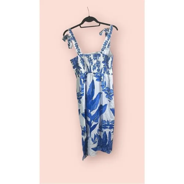 Calypso St Barth Linen Blend Smocked Back‎ Midi Dress Blue White Tropical Size S - Image 9