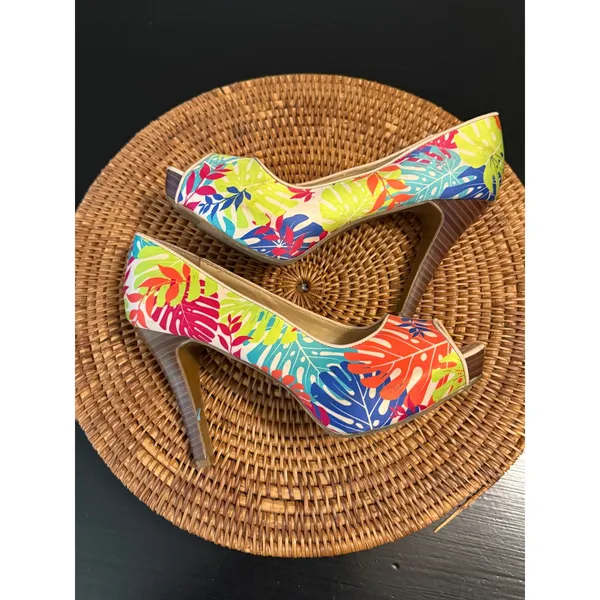 Tropical Peep Toe Platform Pumps Hawaiian‎ Leaf Print Multicolor Heels Size 9M - Image 6