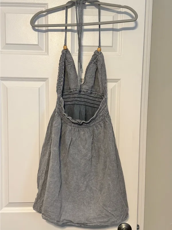 BLANCO by NATURE Summer Wash Gray Mika Beaded Crochet Backless Halter Dress Med - Image 4