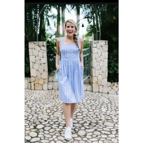 Draper James Linen Blend Blue & White Striped Midi Pocket Dress Size 8 #780 - Image 2