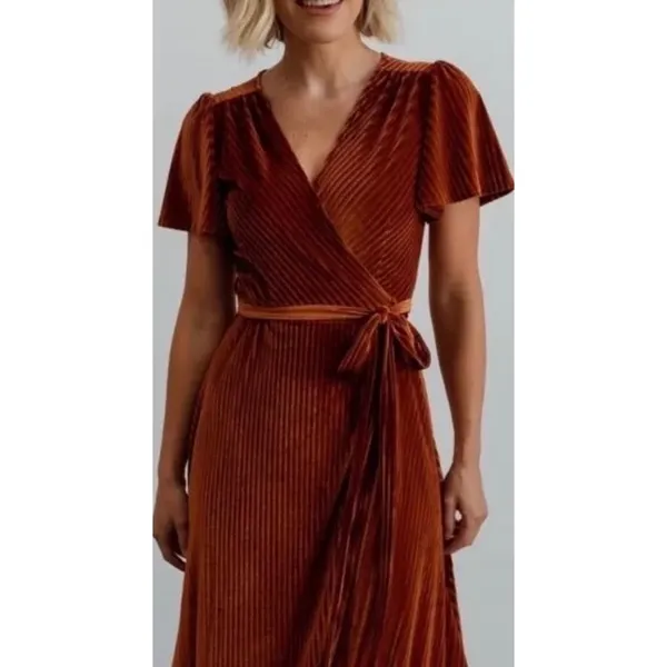 BALTIC BORN Andi Velvet High Low Maxi Dress Ribbed Party Holiday‎ Copper Rust XS - Image 11