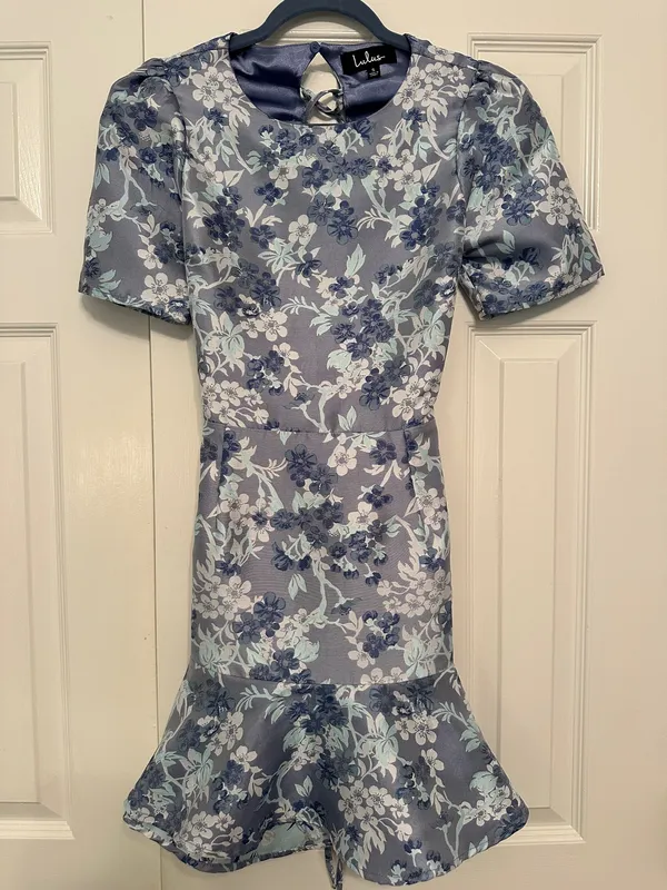 Lulus Blue Floral Jacquard Ruffled Skater Dress - Image 4