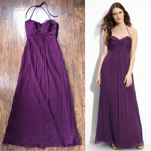 Amsale • plum silk chiffon dress bridesmaid crinkle halter purple formal G425C - Image 2