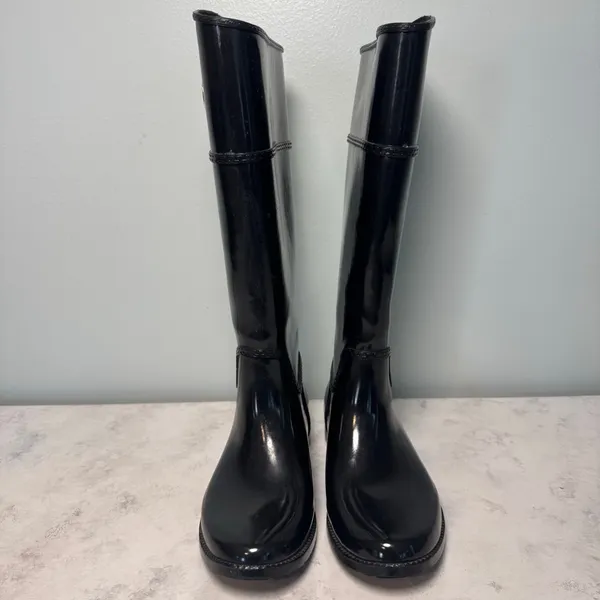 Michael Kors Stockard Gloss Logo Tall Rain Boots Size 7 Black Gold - Image 2