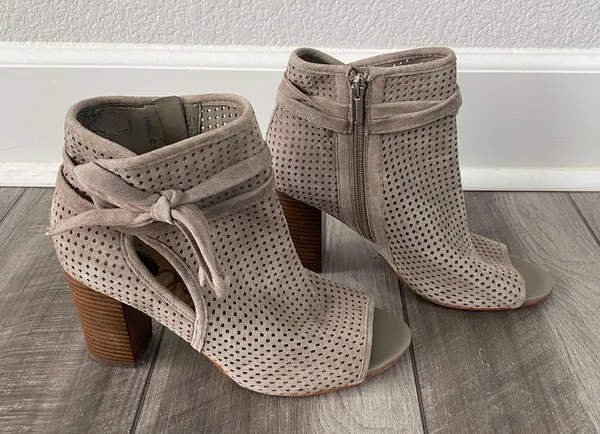 Open Toe Bootie Perforated Suede Bow Tie Taupe-8M - Image 2