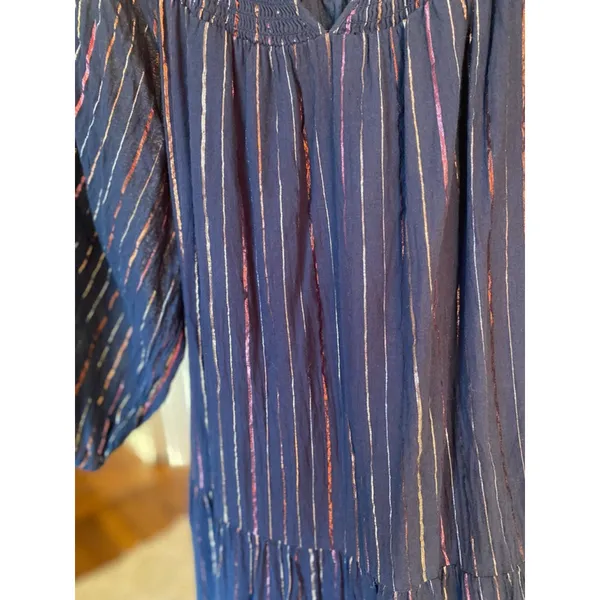 Crown & Ivy Navy Metallic Stripe Maxi Dress Smocked‎ Quiet Luxury Elegant Gala M - Image 4