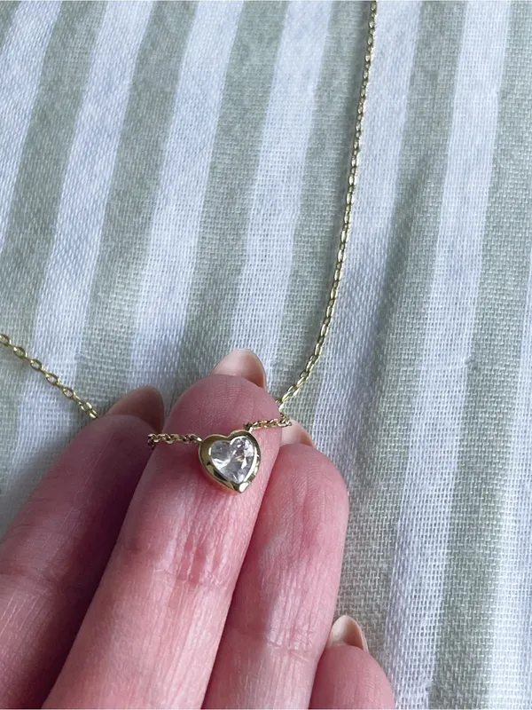 14K Gold Plated Over Brass Heart Pendant Bezel Cubic Zirconia Dainty Necklace - Image 4