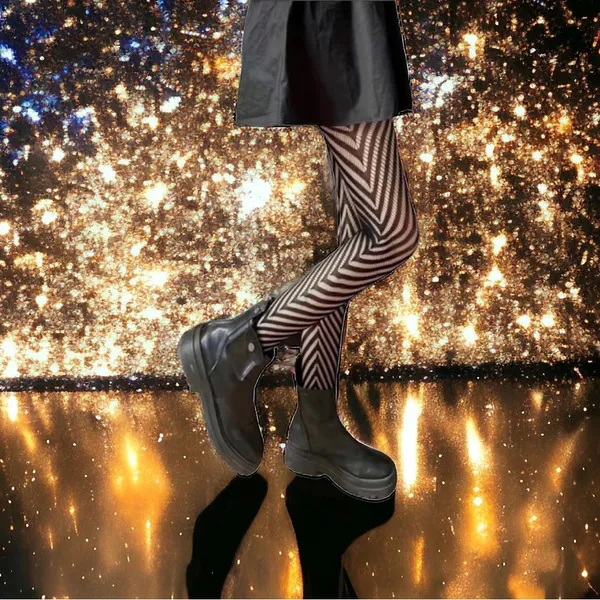 Striped Black Fishnet Tights, High Waist Hollow Out Mesh‎ Pantyhose One Size - Image 2