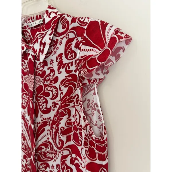 Alice + Olivia Shirt Dress Dress Womens S Red White Damask Flutter Sleeve - Image 7