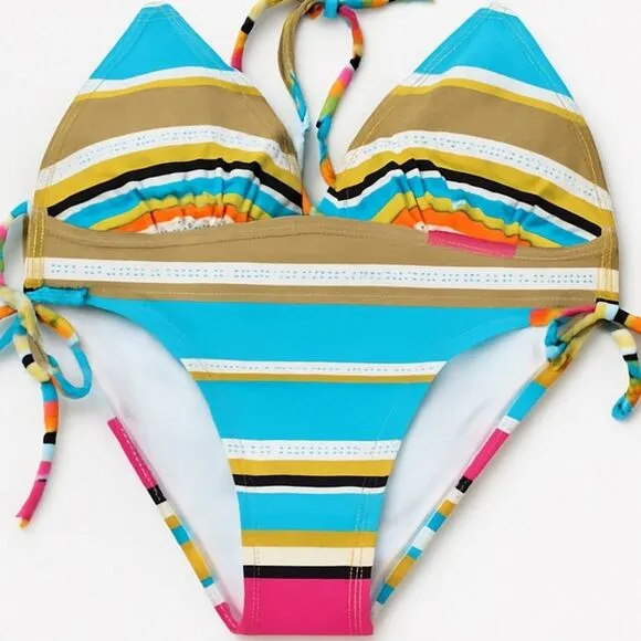 Hotkiss Sequin Bikini Set Small Y2K Rainbow Striped Sequin Vibrant Top & Bottom - Image 2
