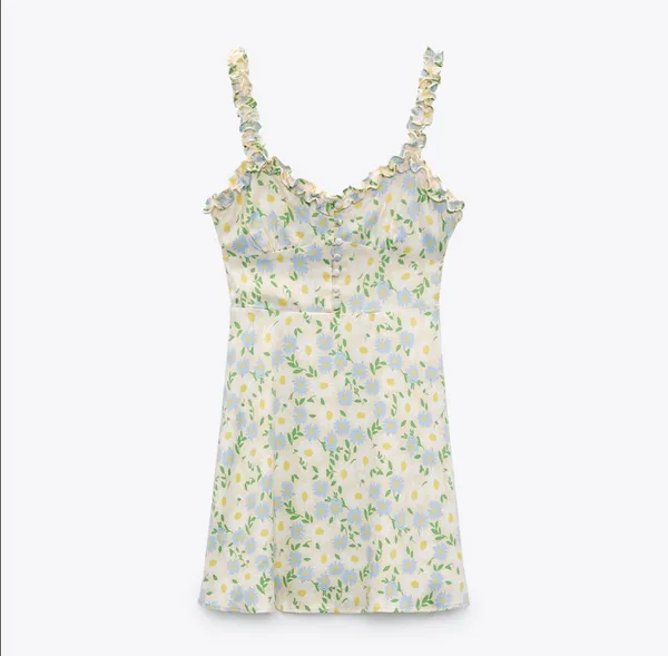 BNWT ZARA Pastel Floral Satin Sweetheart Ruffle Strap Mini Dress - Image 4