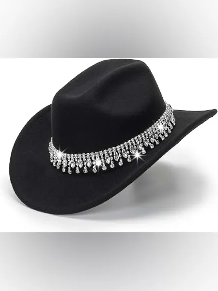 NEW Glitter Silver Black Cowboy Hats Women Western Rhinestone Cowgirl Hat - Image 3