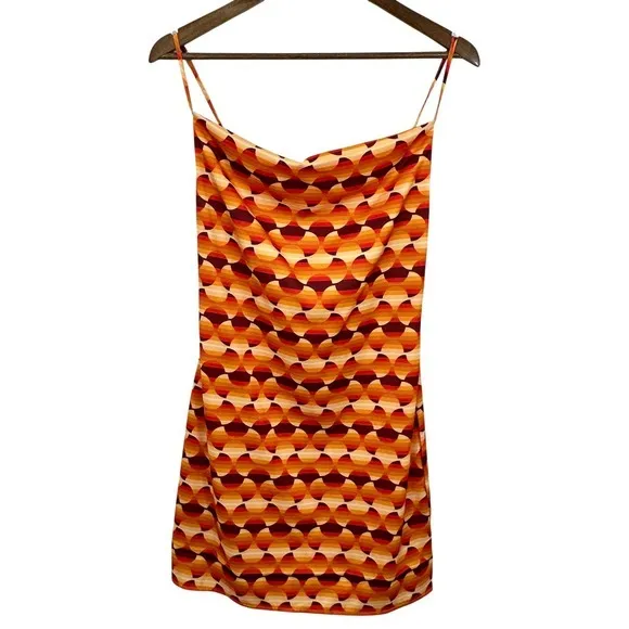 Urban Outfitters Retro Geometric Print Cowl Neck Slip Mini Dress‎ Orange Yellow - Image 2