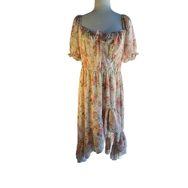 Scarlet Darkness Women’s L Pink Floral Smocked Square Neck Puff Sleeve Dress - Image 2