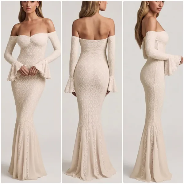 Oh Polly Verena Off-Shoulder Ruffle Lace Maxi Dress in Ivory Size XXS New - Image 2