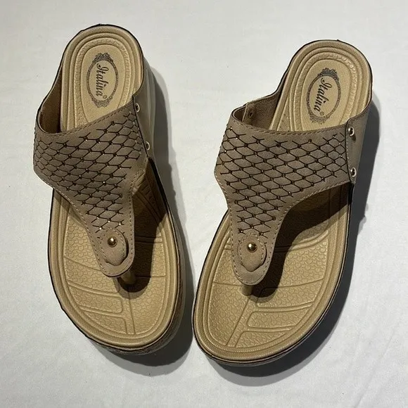 Italina Tan Textured Rhinestone Comfort Wedge Sandal Size 38 (7.5) New Without T - Image 6
