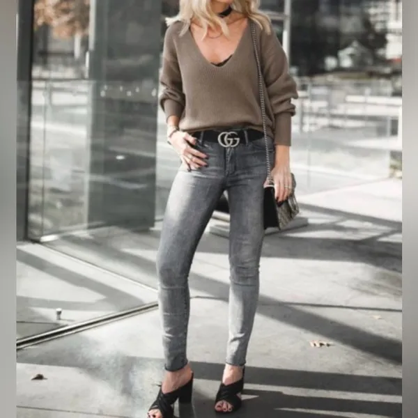 Free People Allure‎ Pull Over Deep V-Neck Ribbed Sweater Taupe Brown Size Small - Image 3
