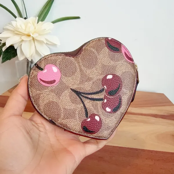 NWT Coach Heart Coin Case In Signature Canvas With Cherry‎ Print - Image 3