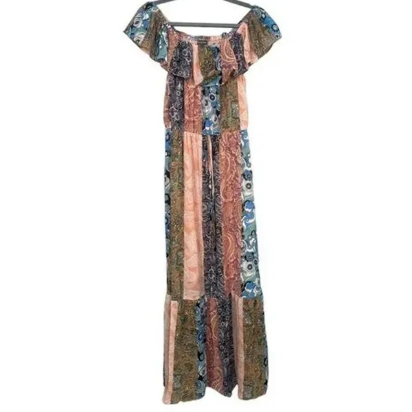 NWOT Sans Souci Off Shoulder Patch Print Maxi Dress Elastic Tie Waist M Tan Blue - Image 11
