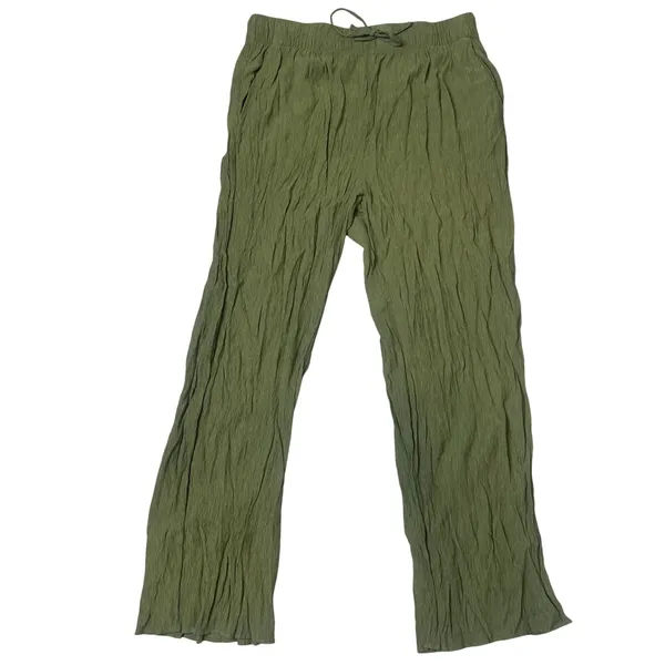 Abercrombie & fitch crinkle‎ textured gauze olive green pull on wide leg pants L - Image 3